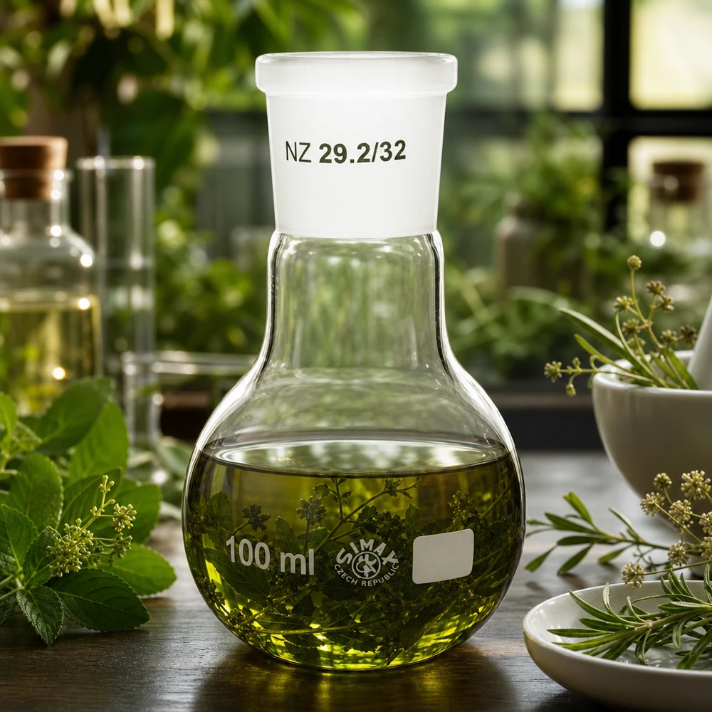 Pienikokoinen 100 ml:n pullo, jossa on vakiohionta 29/32 - ihanteellinen pienille laboratoriomäärille ja testisarjoille.