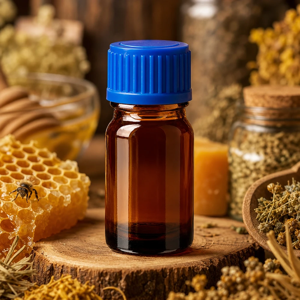 5ml meripihkanvärinen lasipullo BrownLine-sarja UV-suojalla ja sinisellä korkilla aromaterapiaa varten.