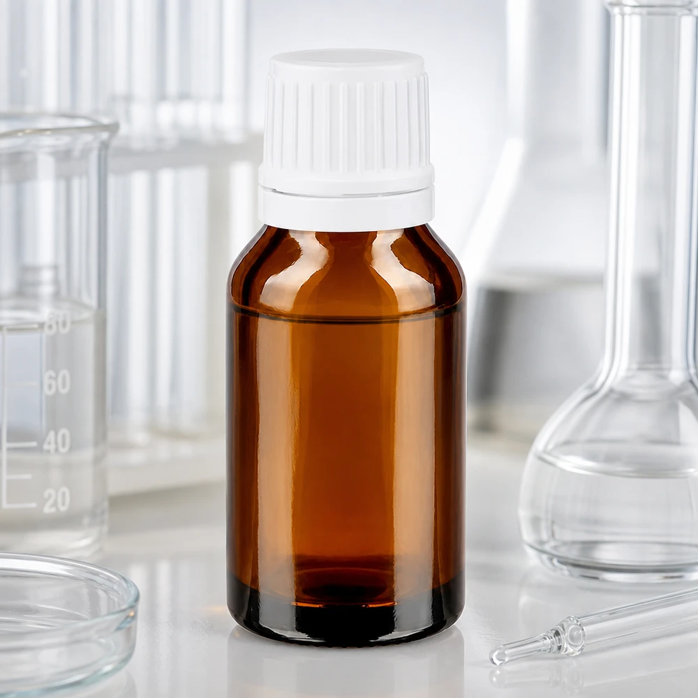 Apteekkipullo ruskea 15ml tiputuskorkki 1.2mm valkoinen peukaloinnin estävä sulkeminen Ruskea 15 ml:n apteekkipullo, jossa on valkoinen alkuperäisyystulppa, laboratoriossa lasipullon ja lasikulhon välissä