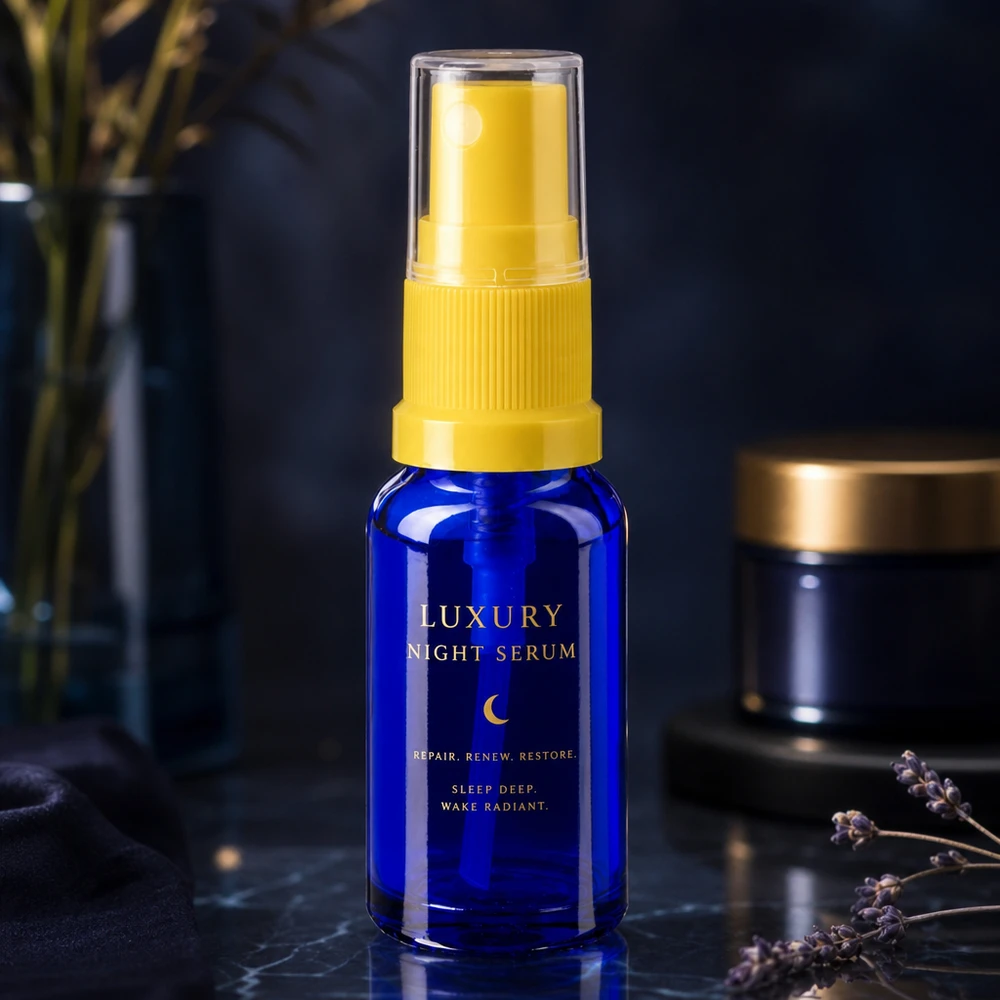 Apteekkipullo sininen 30ml suihkepullon korkki keltainen Sininen 30 ml:n pullo, jossa on keltainen sumutuskärki, Luxury Night Serum -tuotteen pakkauksena studiossa otetussa kuvassa