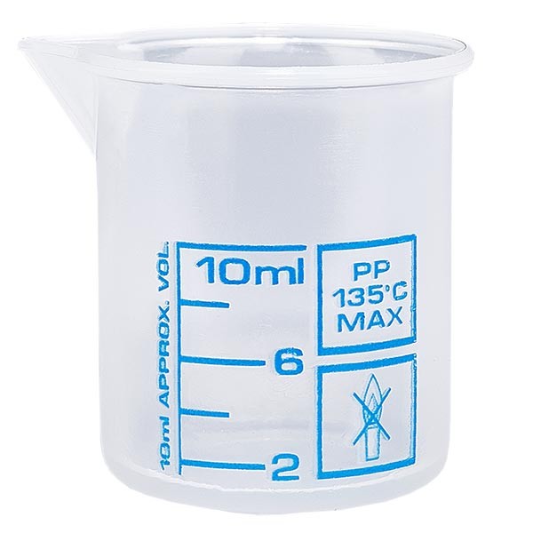 10ml mitta-astia-astia (Griffin-astia-astia) PP, antistaattinen, erittäin läpinäkyvä DIN 12.311 mukaan, asteikolla varustettu reunus, painettu sininen asteikko.
