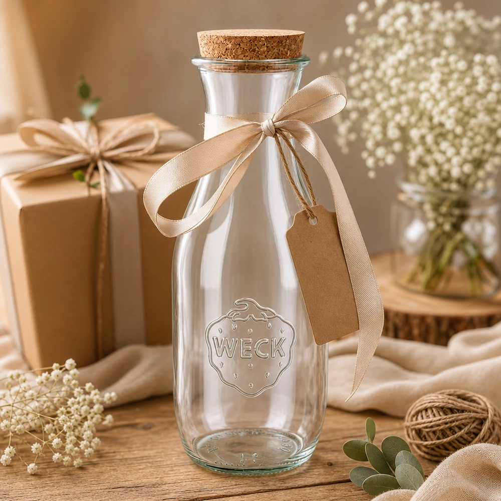 WECK lasipullo 1062ml lahjaksi koristeltu beige rusetti ja riipus vieressä gypsophila ja lahjapakkaus