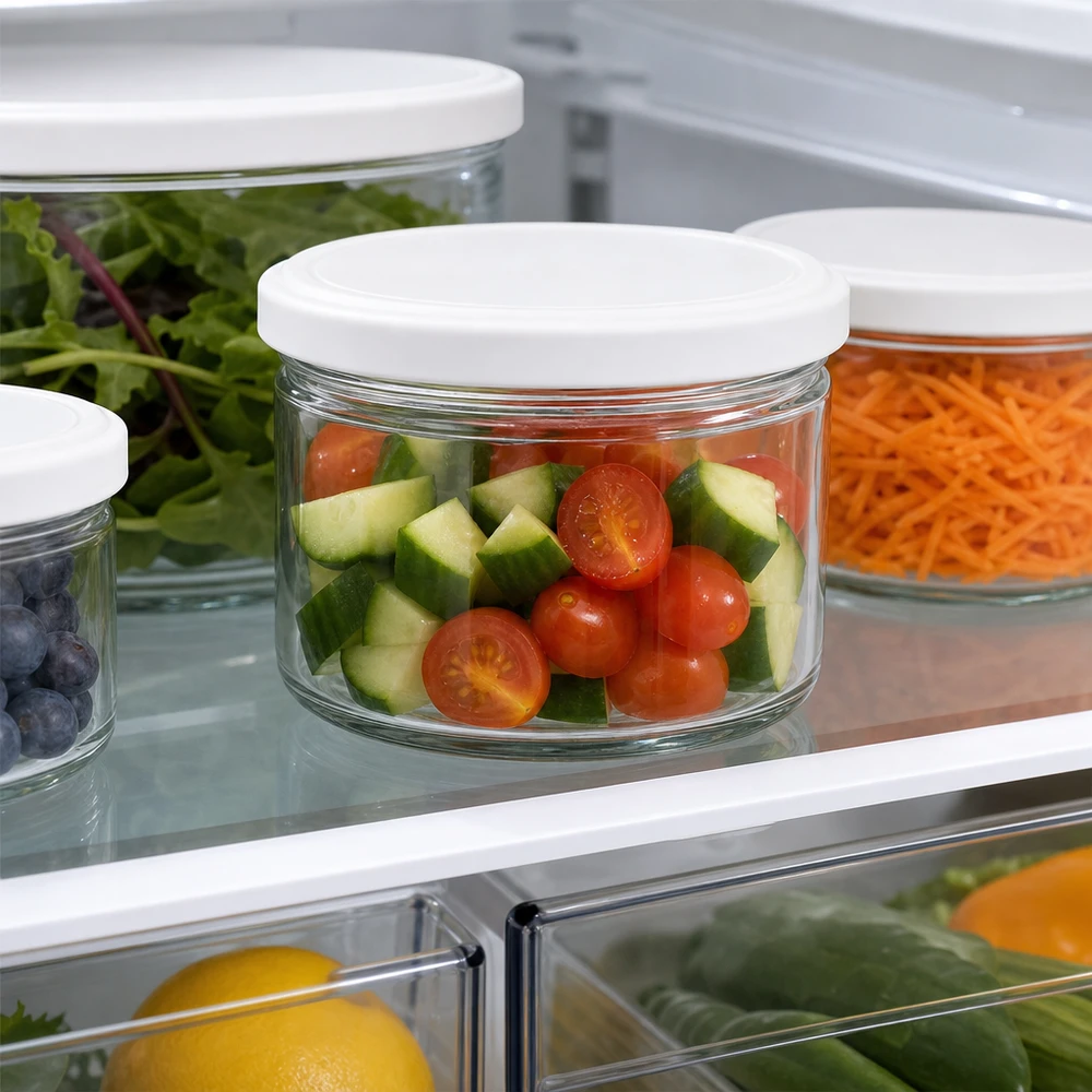 540ml Rundglas BasicSeal weiß im Kühlschrank mit Tomaten und Gurken - optimale Frischhaltung für geschnittenes Gemüse