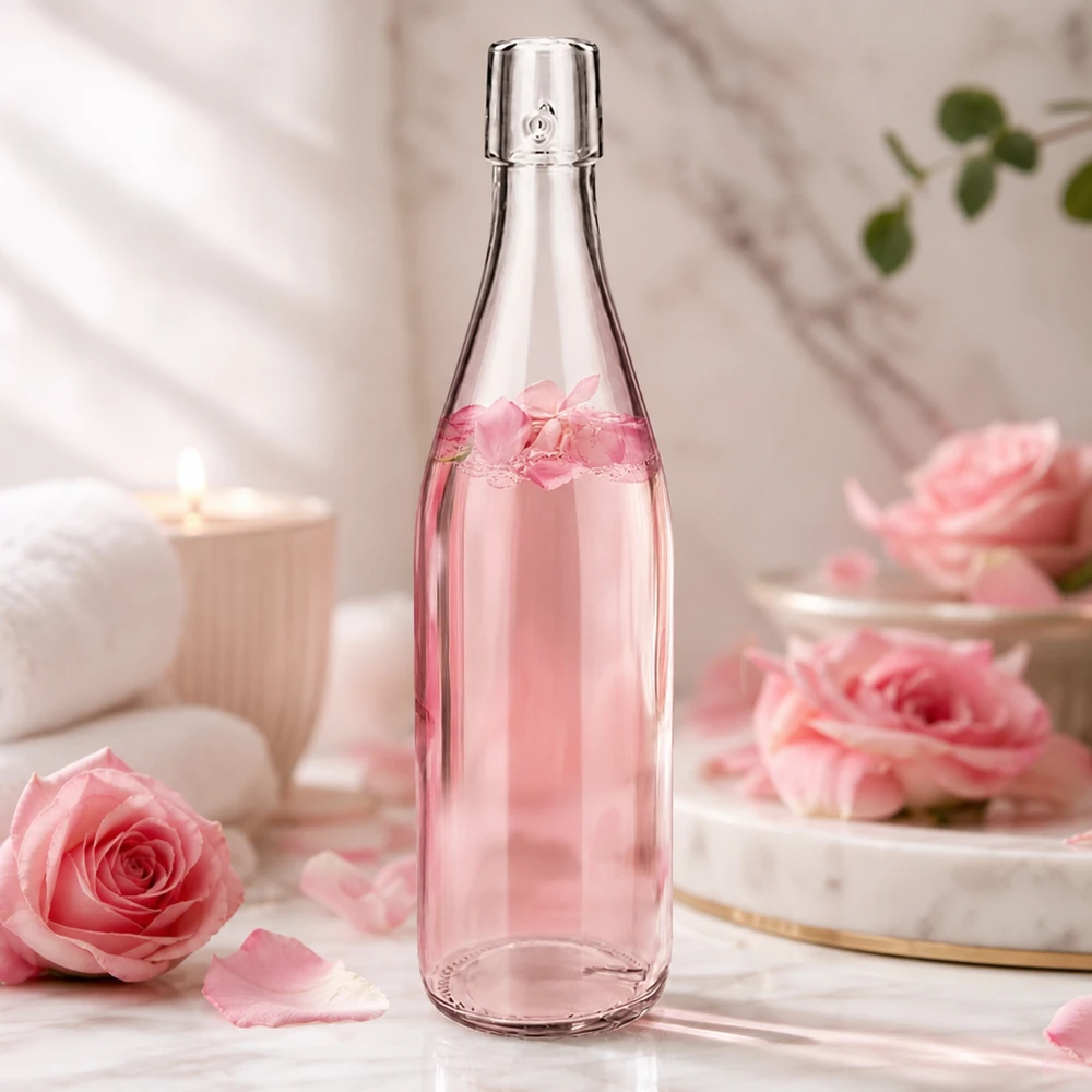 500ml lasipullo ilman kääntökorkkia UNiTWIST 500ml UNiTWIST Glasflasche mit Rosenwasser in romantischer Dekoration mit rosa Rosen und elegantem Ambiente