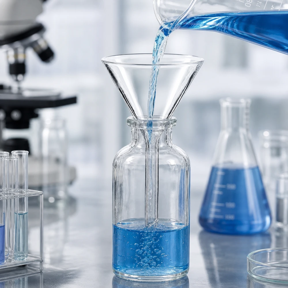 Suppilo ø45mm borosilikaattikulma 60 lyhyt malli. Borosilikaatista valmistettu laboratoriosuppilo, jossa on 60 asteen kulma ja 45 mm:n aukko tarkkaa dekantointia varten.