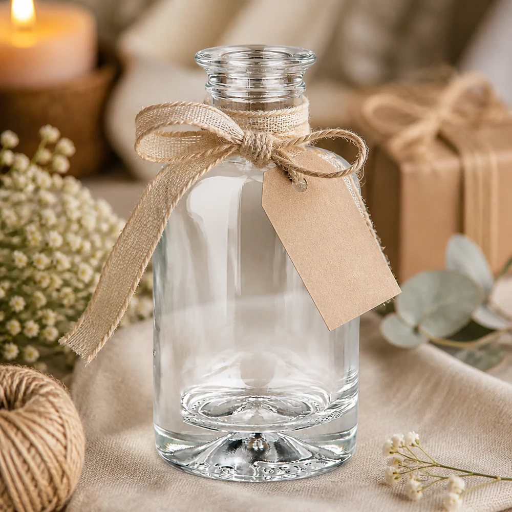 100ml Glasflasche "Sofia" ohne Verschluss UNiTWIST 100ml Glasflasche Sofia als Geschenkidee mit Juteschleife und Anhänger in gemütlicher Deko-Atmosphäre mit Kerzen