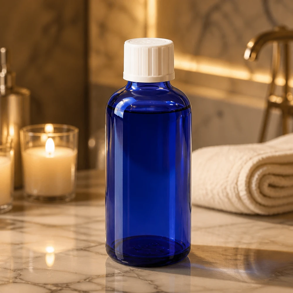 Apteekkipullo sininen 50ml tippapullon korkki valkoinen lapsiturvallinen standardi Sininen 50 ml:n lasipullo, jossa on valkoinen kierrekorkki, marmorin päällä tyylikkäässä kylpyhuoneympäristössä
