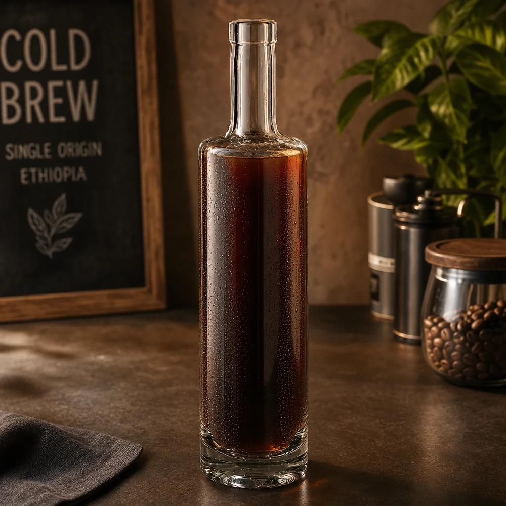 500ml Glasflasche "Centurio" ohne Verschluss UNiTWIST® 500 ml:n Lina-lasipullo, joka on täytetty kylmäkahvilla tyylikkäässä kahvilatunnelmassa, jossa on kahvipapuja ja vintage-deodoranttia.