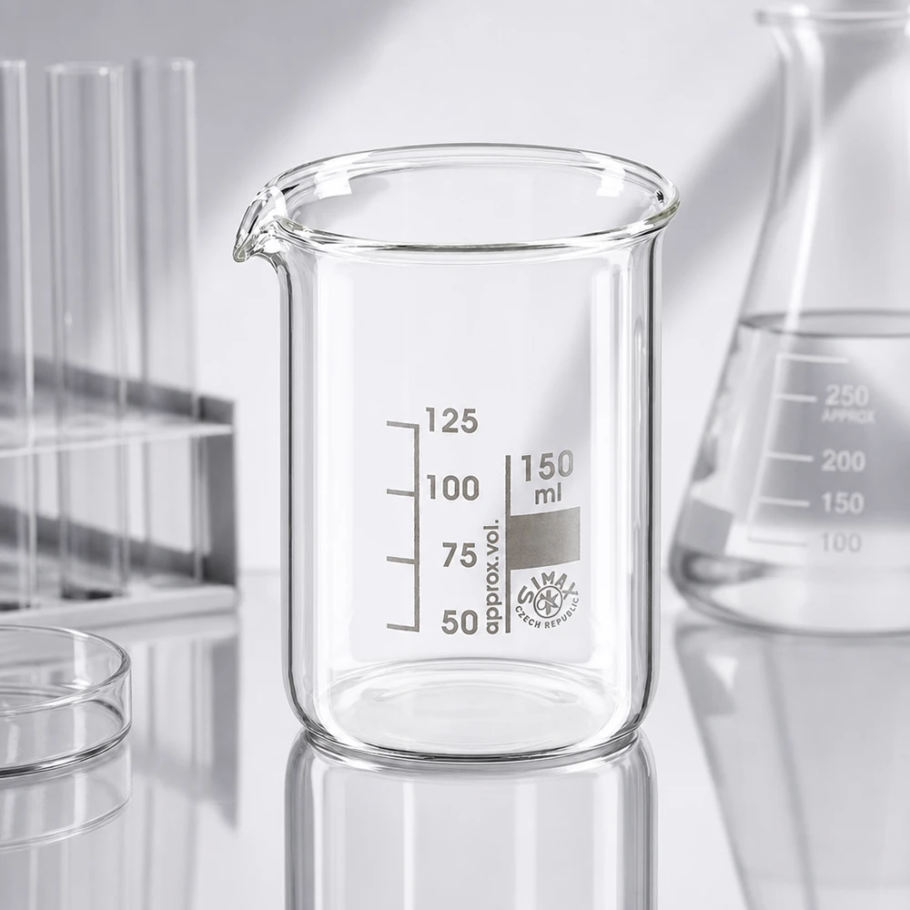 Matalan muotoinen 150ml:n dekantterilasi, borosilikaattilasi Läpinäkyvä borosilikaattilasi 150ml, jossa on käytännöllinen nokka helppoa dekantointia varten.