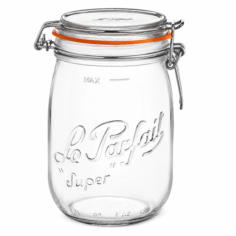 1000ml Vorratsglas "Super" mit Bügelverschluss Le Parfait® Le Parfait Super säilytyspurkki 1000ml kirkkaasta lasista, jossa on kääntyvä kansi ja oranssi tiivistysrengas.