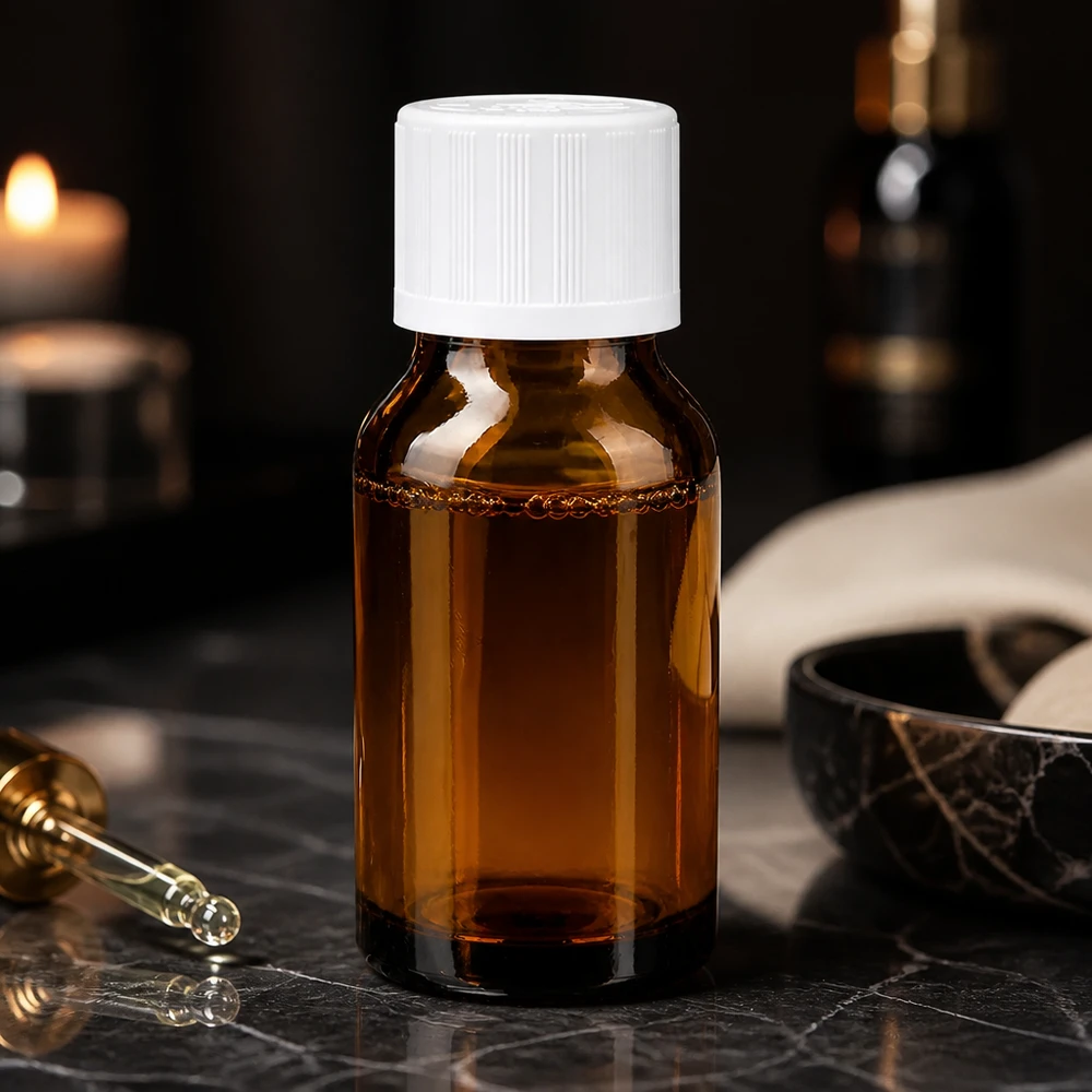 Apteekkipullo ruskea 30ml tippapullo valkoinen lapsiturvallinen korkki standardi Meripihkavärinen 30 ml:n lasipullo, jossa on valkoinen kierrekorkki ja lasinen tiputin, tumman marmorin päällä