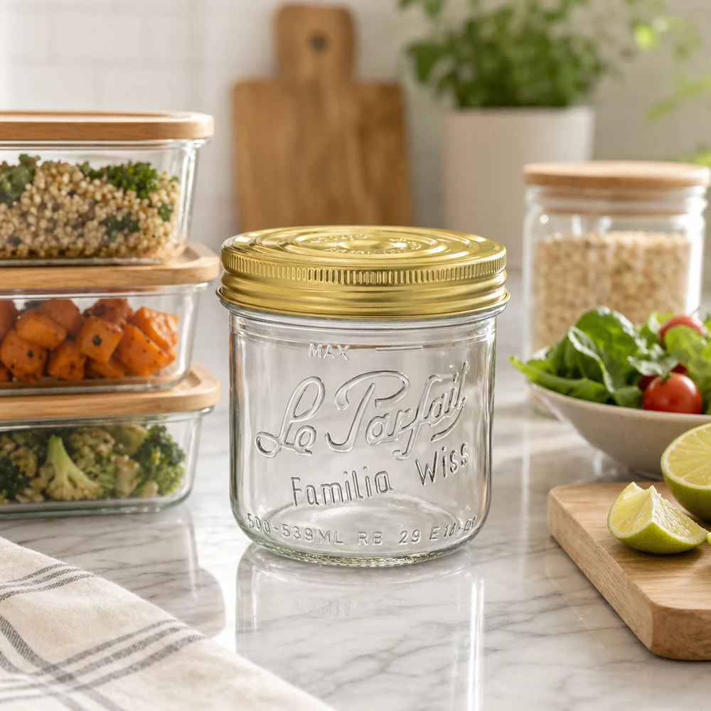 539ml Sturzglas "Familia Wiss" 2-teiliges Deckelsystem Le Pa 539ml Familia Wiss -mukit, joissa on kultainen kansi, keittiön tiskipöydällä säilytyspurkkien ja tuoreiden elintarvikkeiden vieressä.