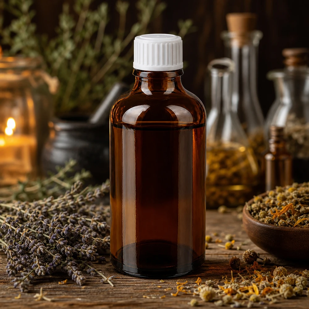 Pieni ruskea lasipullo, 50 ml, valkoisella korkilla, jota ympäröivät kuivatut yrtit ja kamomillankukat