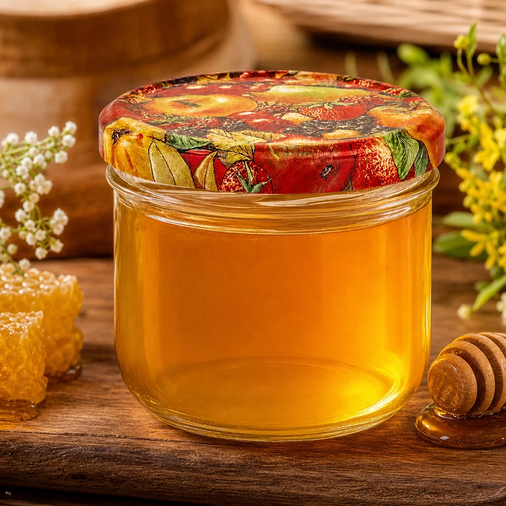 260ml juomalasit + BasicSeal-kansi hedelmäpakkaus UNiTWIST. Honig im 260ml Sturzglas mit BasicSeal Obst-Deckel, dekorative Präsentation mit Bienenwaben und Honigstab