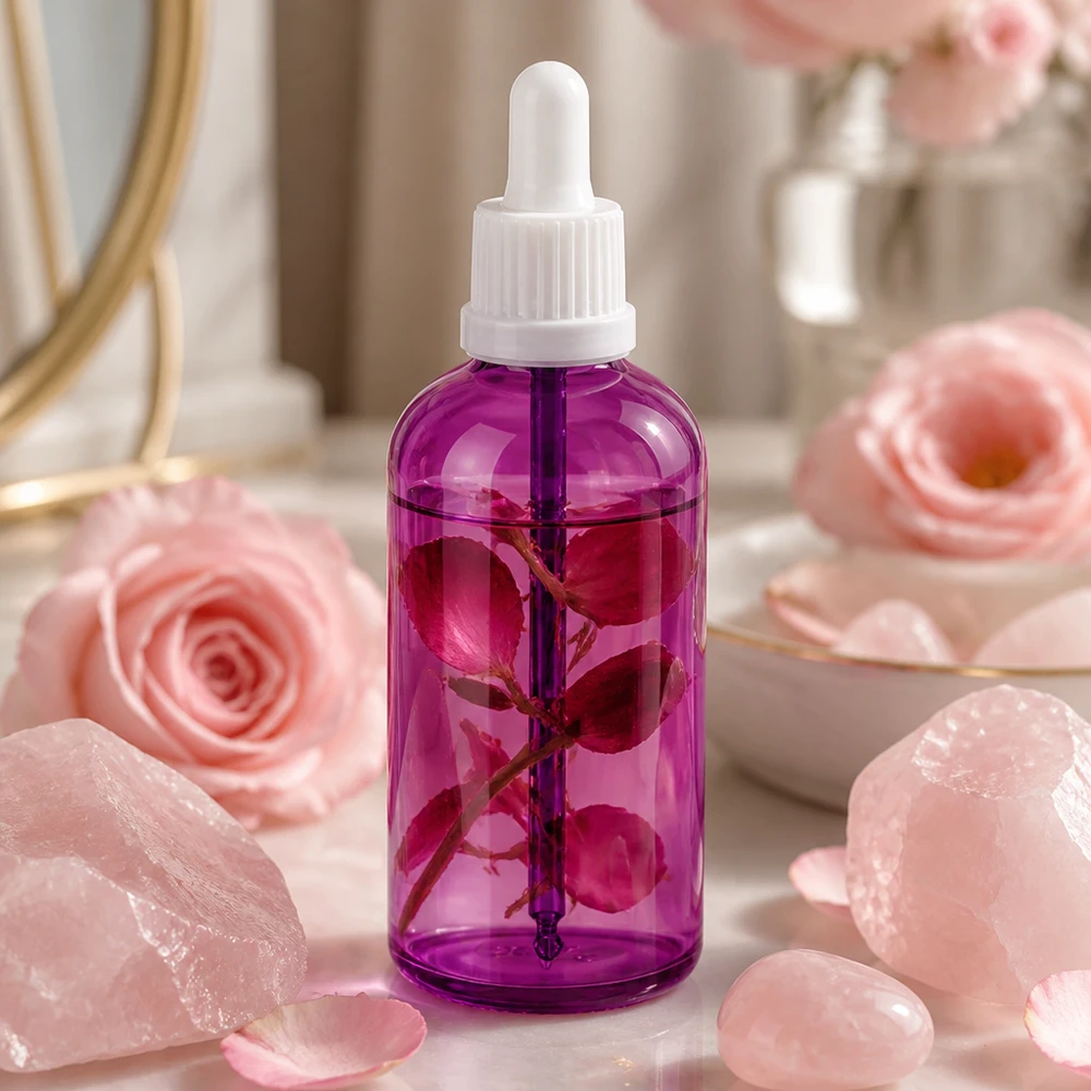 100ml kosmetiikkapullo pipetillä, violetti, kasvoseerumeille ja ihonhoitoöljyille.