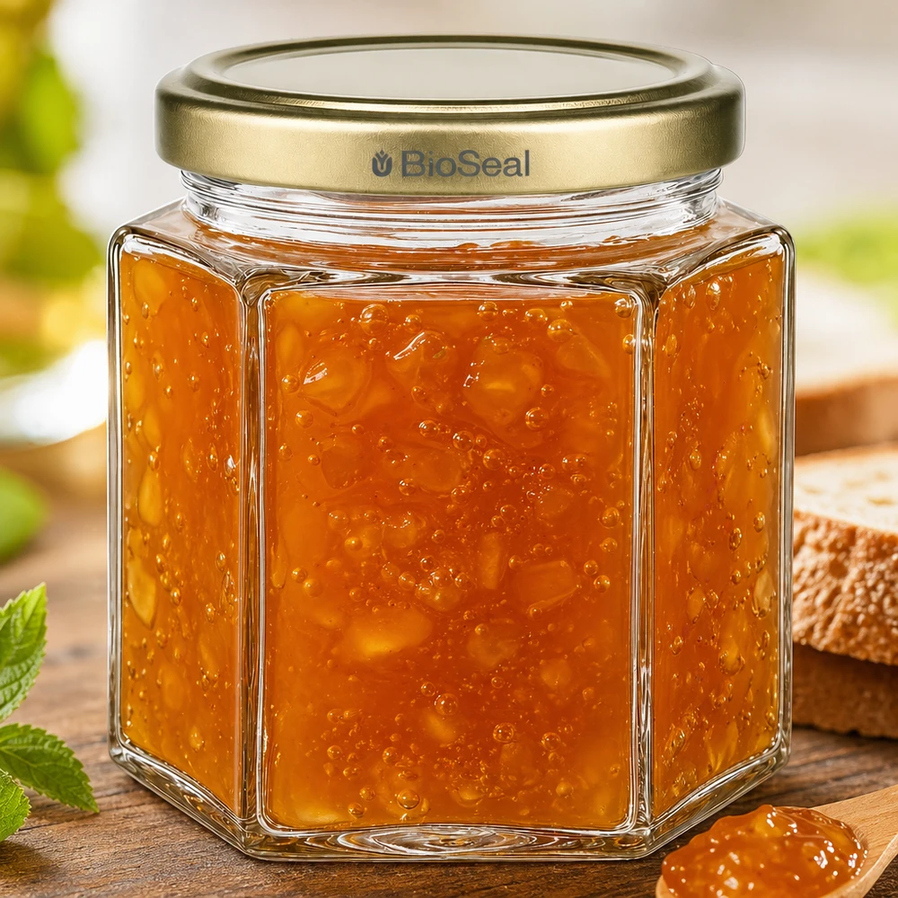 520g Honigglas mit goldenem Deckel BioSeal UNiTWIST Kuusikulmainen 520 g:n hunajapurkki BioSeal täynnä appelsiinimarmeladia puulaudalla leivän ja mintun vieressä.