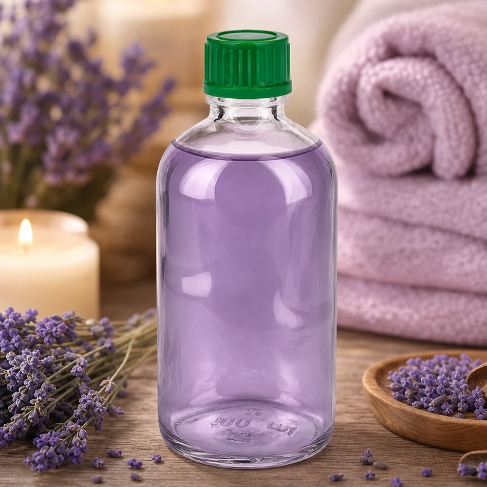 Laventeliöljy 100 ml:n pyöreäolkaisen ClearLine UT18/100 -lasipullossa, jossa on vihreä korkki