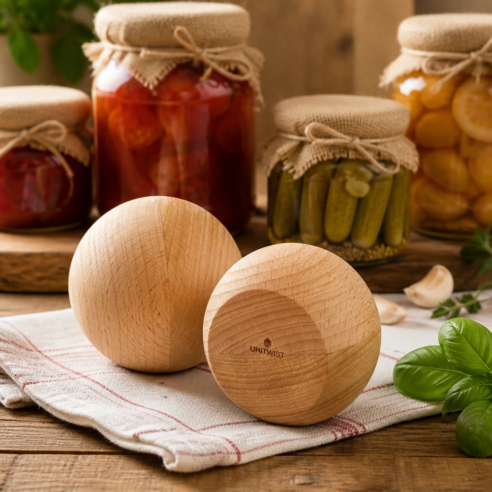 UNiTWIST-puupallo (pyökki) WECK RR80:lle. UNiTWIST Holzkugeln aus Buche im Küchenambiente - stilvolle Alternative zu Deckeln für WECK RR80 Einmachgläser