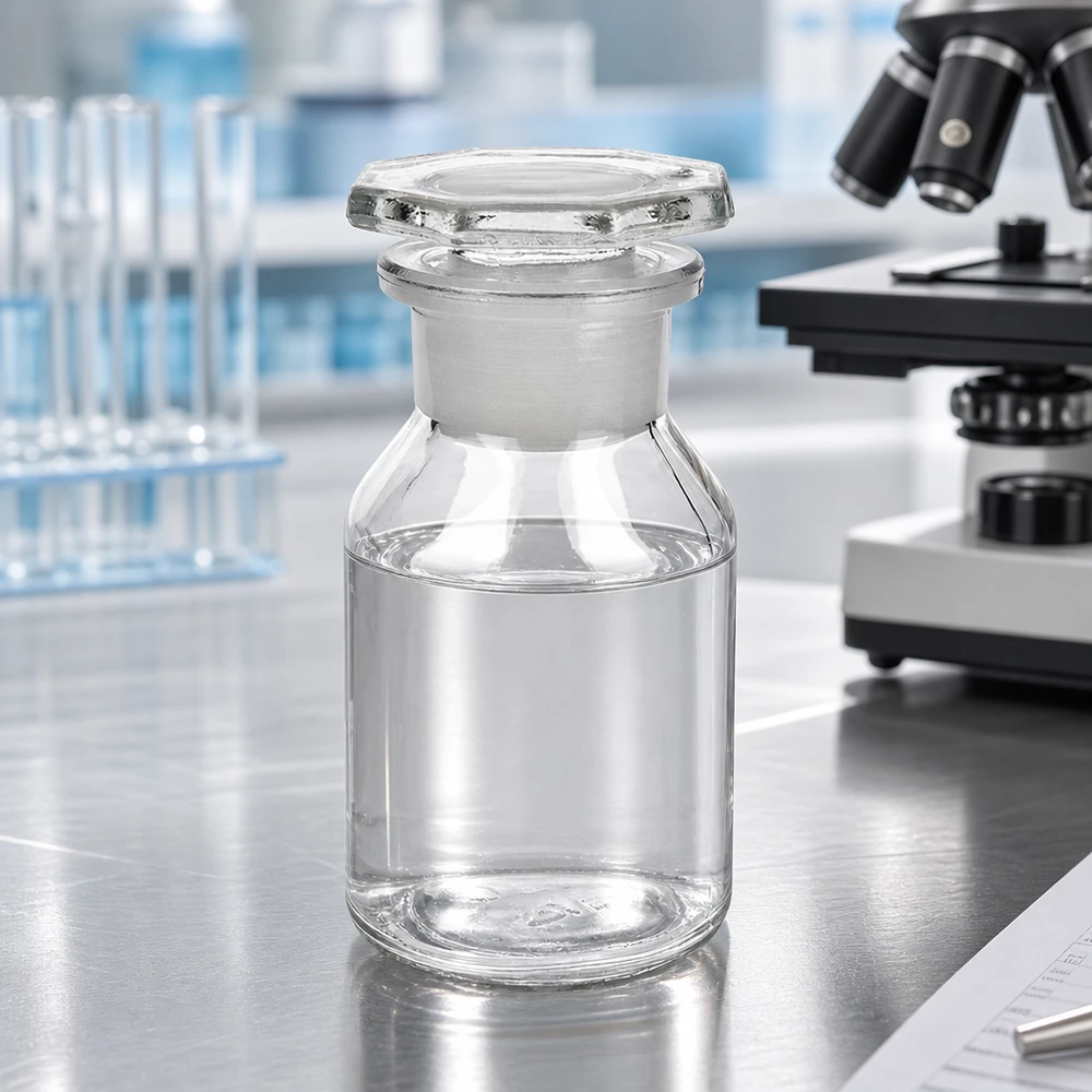 50 ml:n läpinäkyvä, leveäkaulainen pullo, jossa on hiottu lasitulppa, laboratoriopöydällä mikroskoopin vieressä