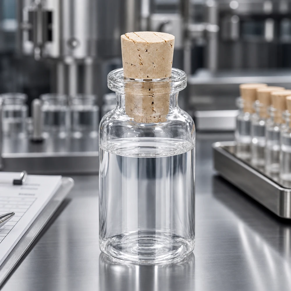 Stabiler Glasbehälter 10ml mit konischem Naturkorken 11/14mm auf Labortisch mit Tray