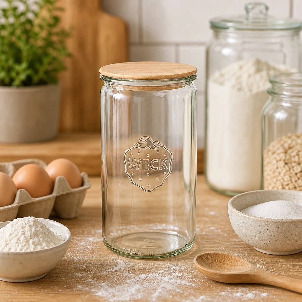 WECK-purkki 1590ml RR100 tyhjä leivontaan keittiössä, jossa on jauhoja, munia ja leivonta-aineita leivän leivontaan ja taikinan valmistukseen.