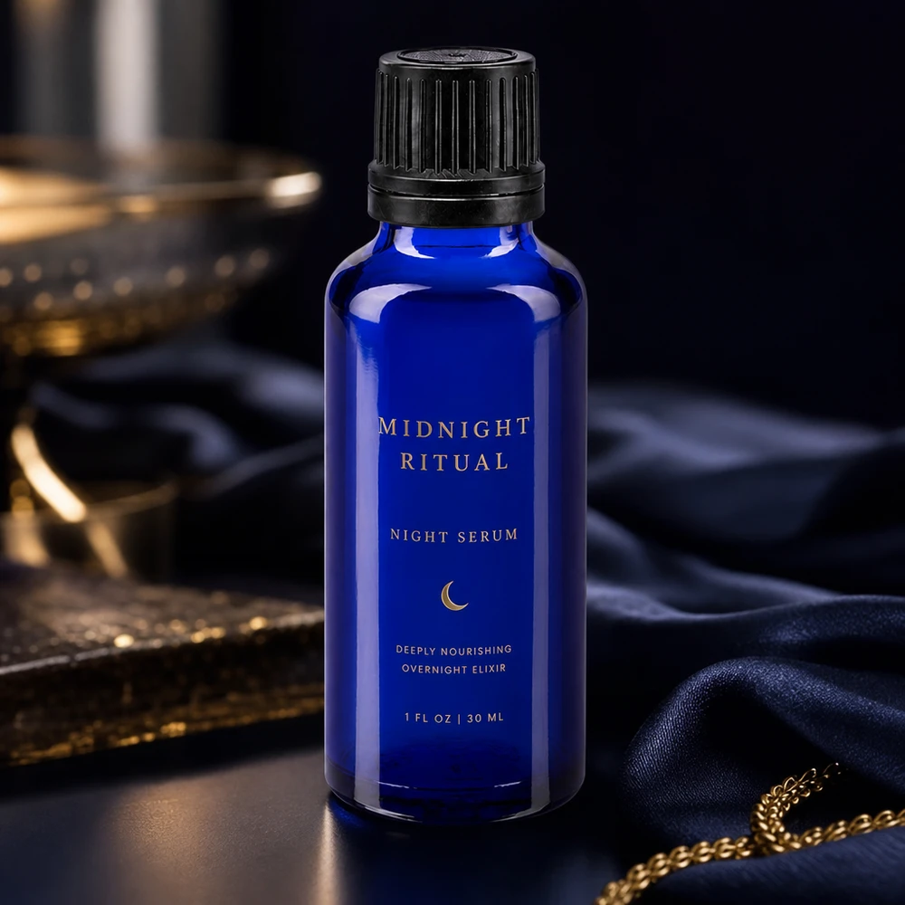 Apteekkipullo sininen 30ml ruuvikorkki musta valurengas sinetöintiturvallinen sulkeminen Midnight Ritual Night Serum koboltinsinisessä 30 ml:n apteekkipullossa, jossa on uurrettu musta korkki