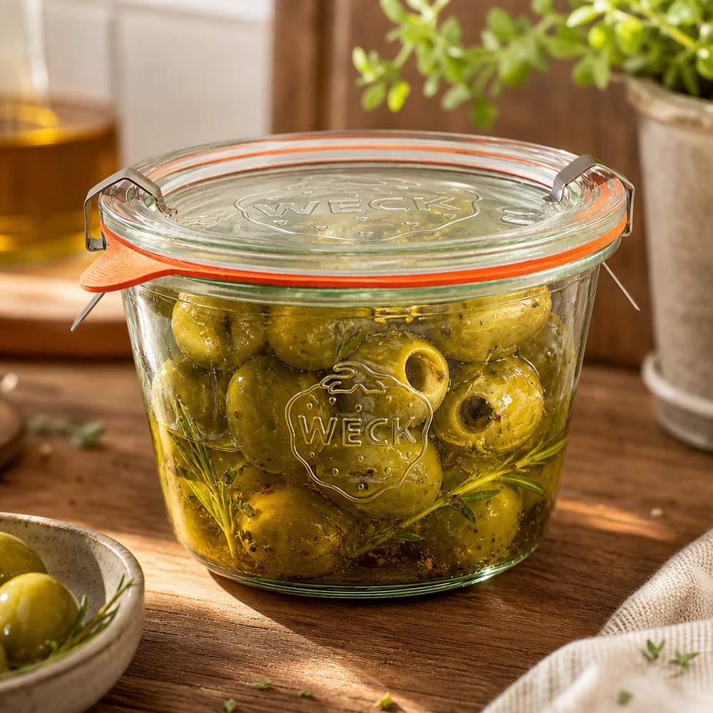 370 ml:n tumppupurkki täydellinen WECK RR100 WECK RR100-purkki 370ml täynnä marinoituja oliiveja öljyssä osoittaa antipastien täydellisen säilymisen.
