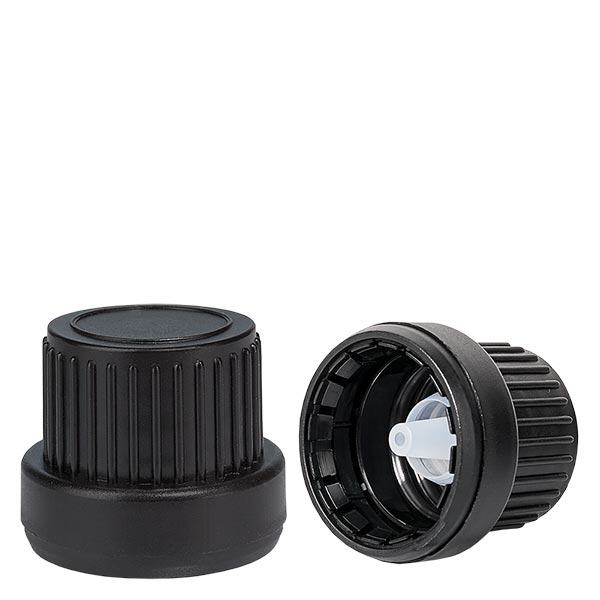 Tiputuskorkki 2mm yläosa musta 18mm, jossa on peukaloinnin estävä sulkeminen Tiputuskorkki 2mm yläosa musta 18mm, jossa on peukaloinnin estävä sulkeminen