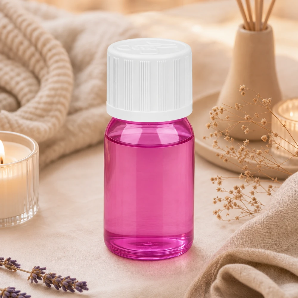 5ml pullo 11mm kierrekorkki valkoinen vakio lapsiturvallinen PurpleLine UT18/5 5ml aromaterapiapullo, jossa on lapsiturvallinen korkki kirkkaan violetti eteerisille öljyille.