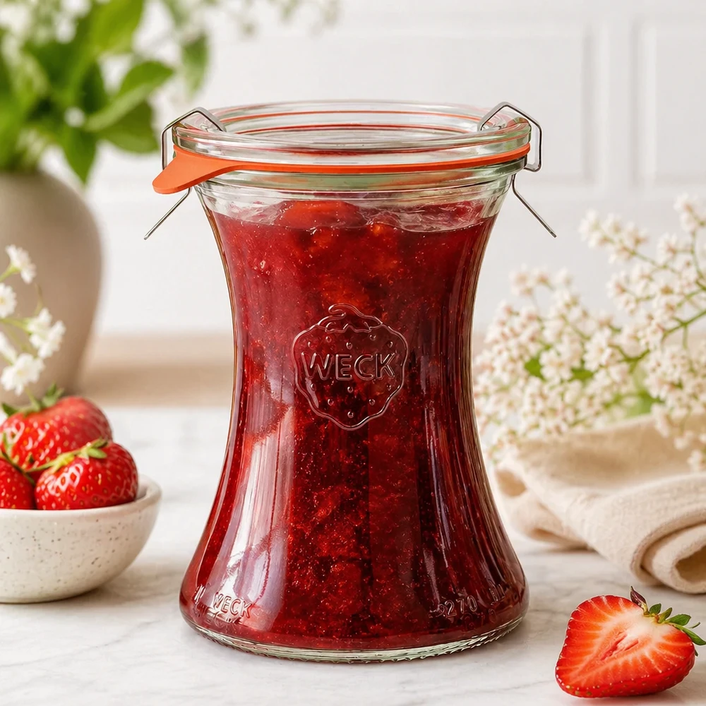 WECK herkkupurkki 370ml RR80 täynnä kotitekoista mansikkahilloa Muuraripurkki, jossa on kääntyvä kansi Lifestyle