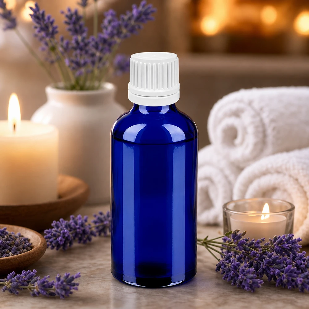 Sininen 50ml lasipullo valkoisella kierrekorkilla eteerisille öljyille ja aromaterapialle BlueLine UT18/50