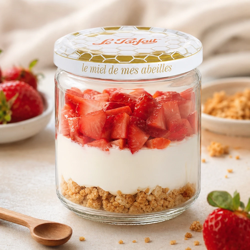 Le Parfait 212ml hunajasäilytyspurkki, jota käytetään jälkiruokakulhona, jossa on mansikoita, jogurttia ja keksipohjaa.