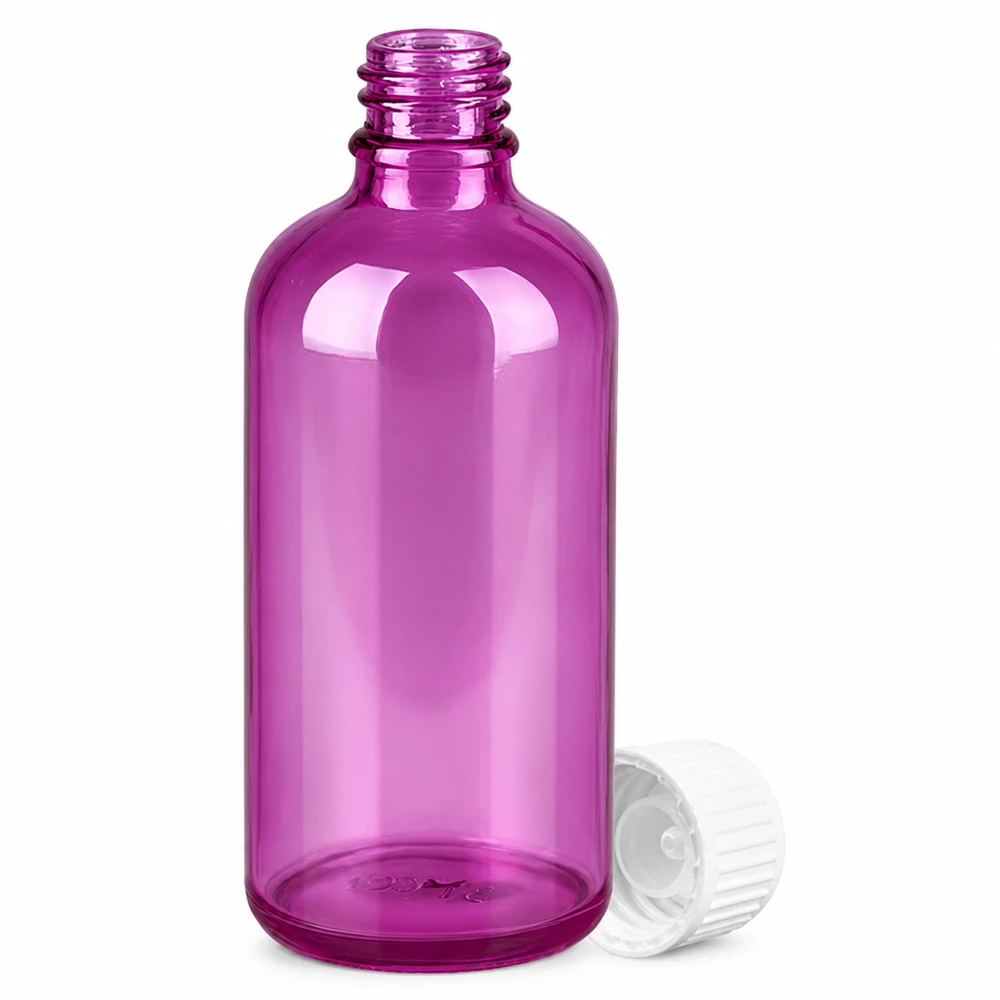 100ml (pallopullo) pullo 3mm kaaderengas valkoinen Standard PurpleLine. UT18/100 Violetti 100ml lasipullo UT18-kierteellä ja läpinäkyvällä korkilla eteerisille öljyille.