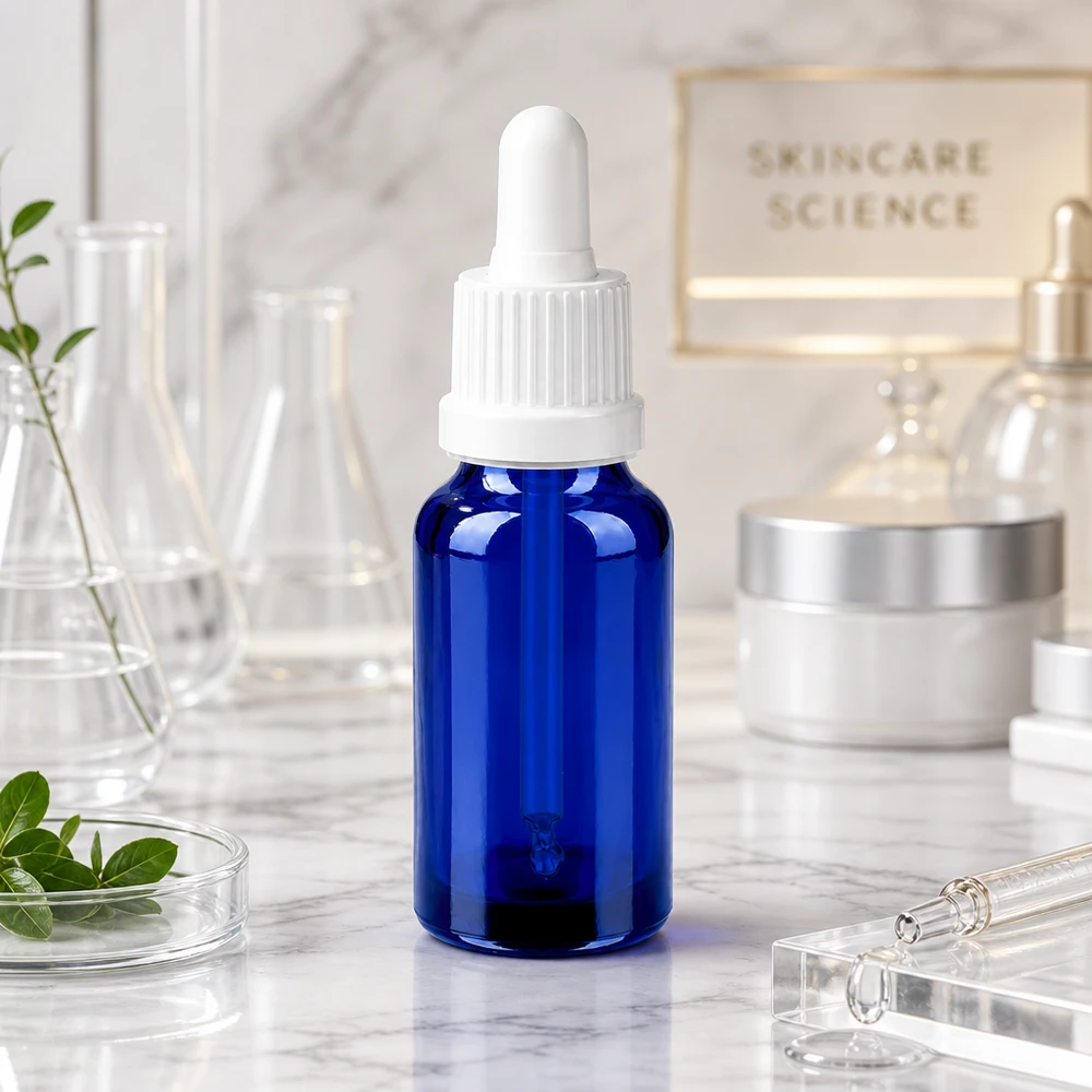 20ml pipettipullo valkoinen tamper-evident-suljin BlueLine UT18/20 Laadukas 20ml lasipullo tippapipetillä seerumeille ja ihonhoidolle.