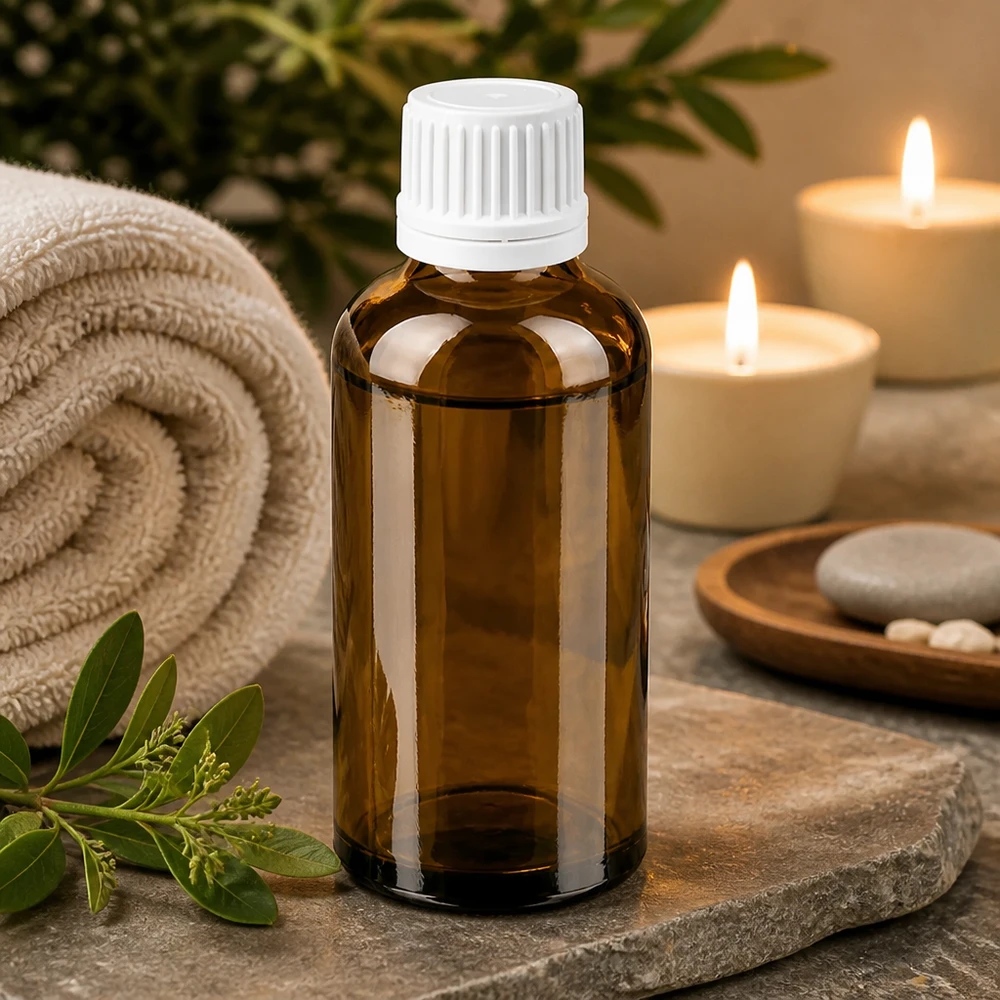 Kompakti 50ml lasipullo ruskealla ruskealla ja valkoisella korkilla aromaterapiaan ja hyvinvointiin.