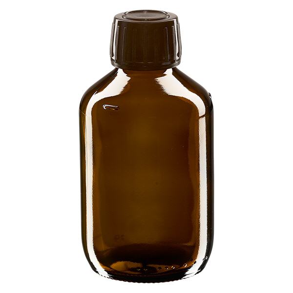 200ml lääkepullo ruskea, korkki ruskea, jossa on tamper-evident rengas ApoGlas