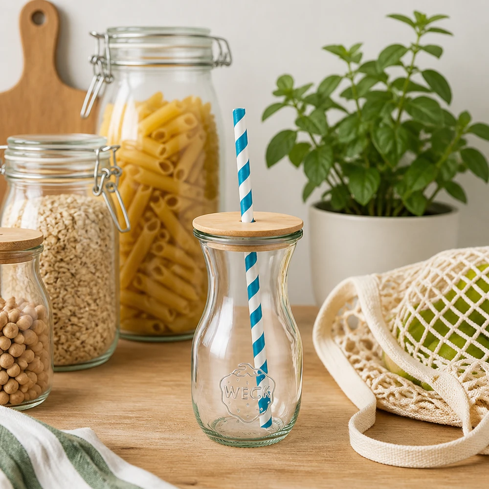 WECK mehupullo 290ml kestävä keittiö nolla jätettä lasipullot säilytyspurkit pasta puukansi eco olki