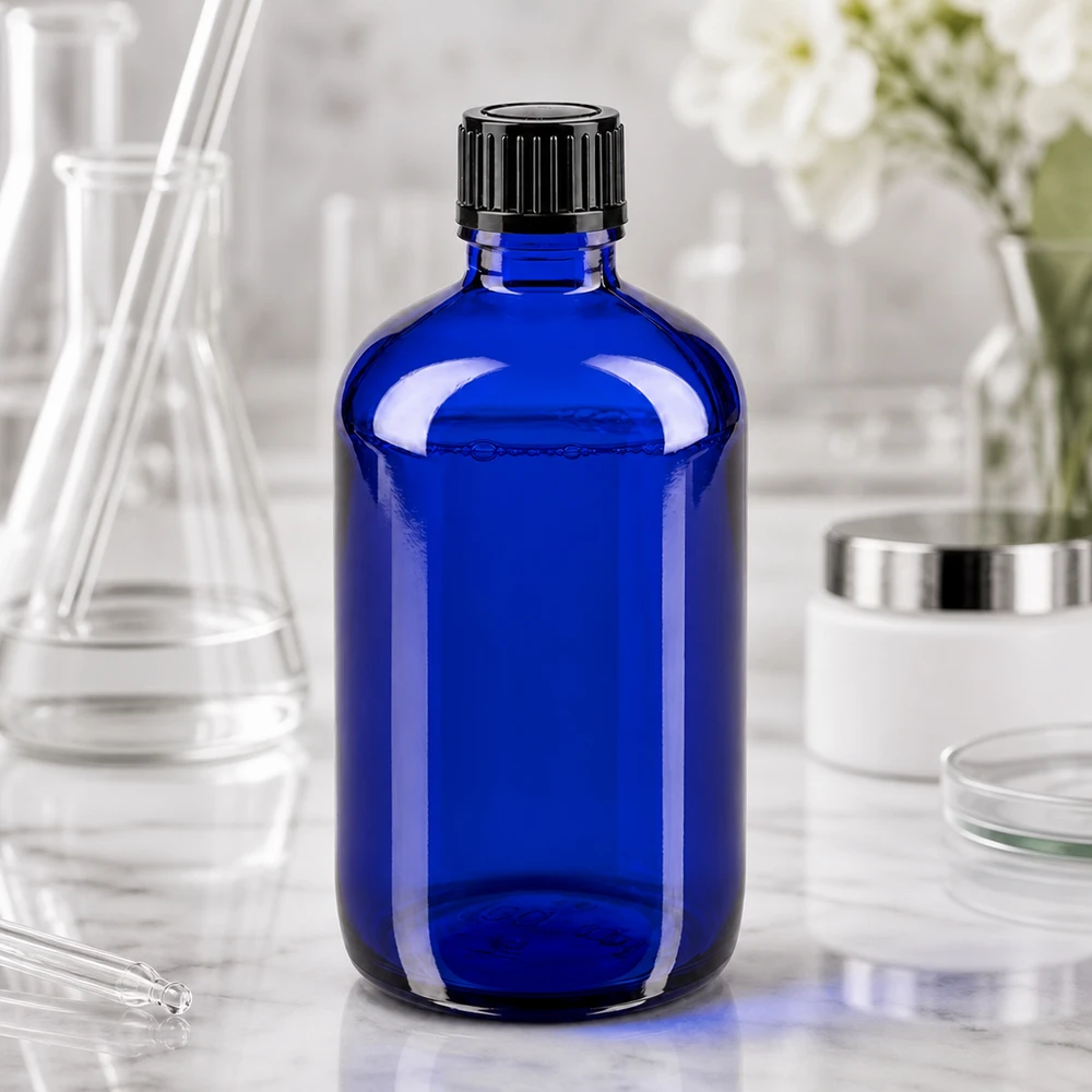 Apteekkipullo sininen 100ml ruuvikorkki musta standardi Koboltinsininen 100 ml:n lasipullo, jossa on musta kierrekorkki, laboratorioympäristössä