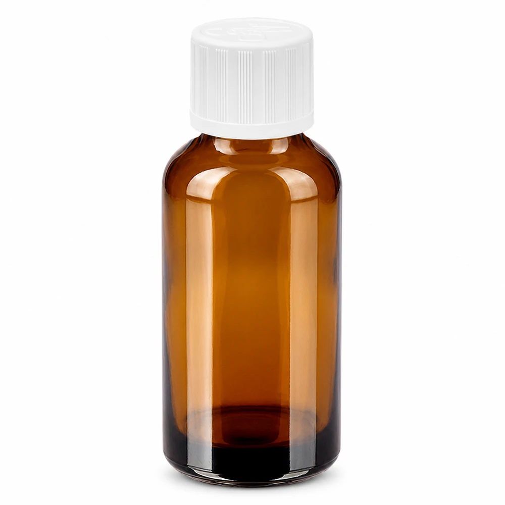 30ml pullo 11mm kierrekorkki valkoinen vakio lapsiturvallinen BrownLine UT18/30 30ml meripihkanvärinen lasipullo, jossa on valkoinen ruuvikorkki ja lapsilukko apteekkikäyttöön.