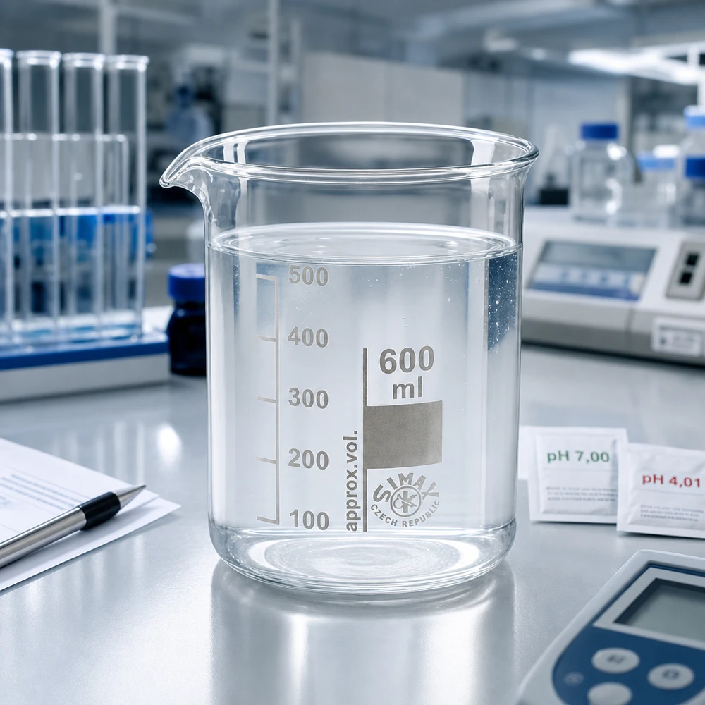 Läpinäkyvä 600ml dekantterilasi borosilikaattilasista, matala muoto ammattimaisiin mittauksiin laboratoriossa.