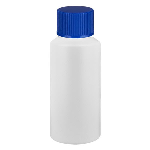 Apteekkipullo HDPE 30ml valkoinen, sinisellä ruuvikorkilla varustettu Apteekkipullo HDPE 30ml valkoinen, sinisellä ruuvikorkilla varustettu