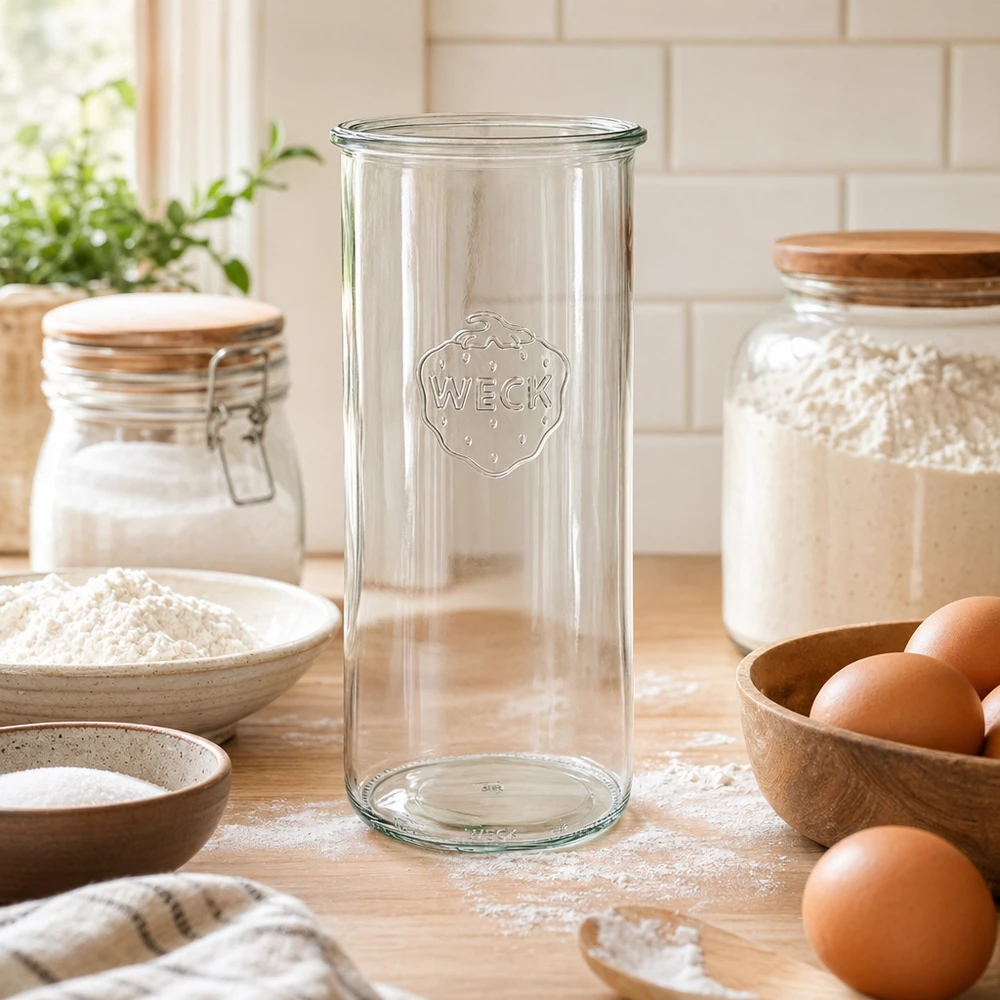 1500ml WECK RR100 lasinen säilytysastia maalaismaisessa keittiössä, jossa on munia ja jauhoja puisella työtasolla.