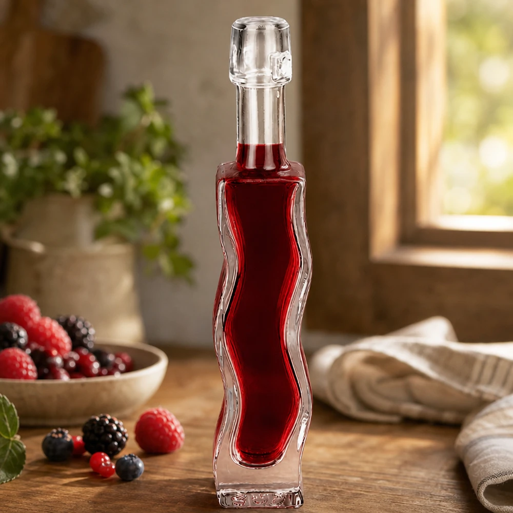 40ml lasipullo Anna täynnä punaista marjamehua Marjainen hedelmäkoriste Keittiömaisema Käyttöesimerkki Likööriä