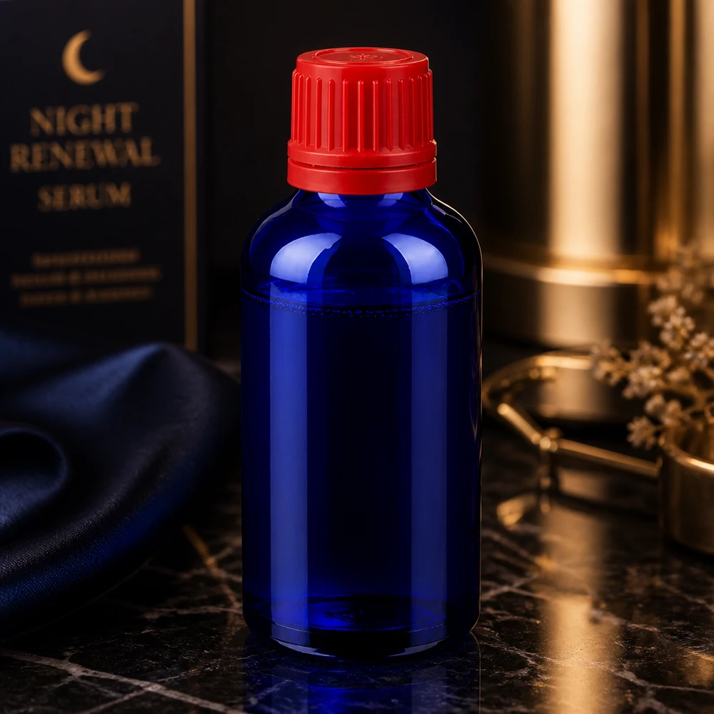 Pieni 50 ml:n lasipullo, sininen, punainen korkki SV 11mm OV BlueLine UT18/50