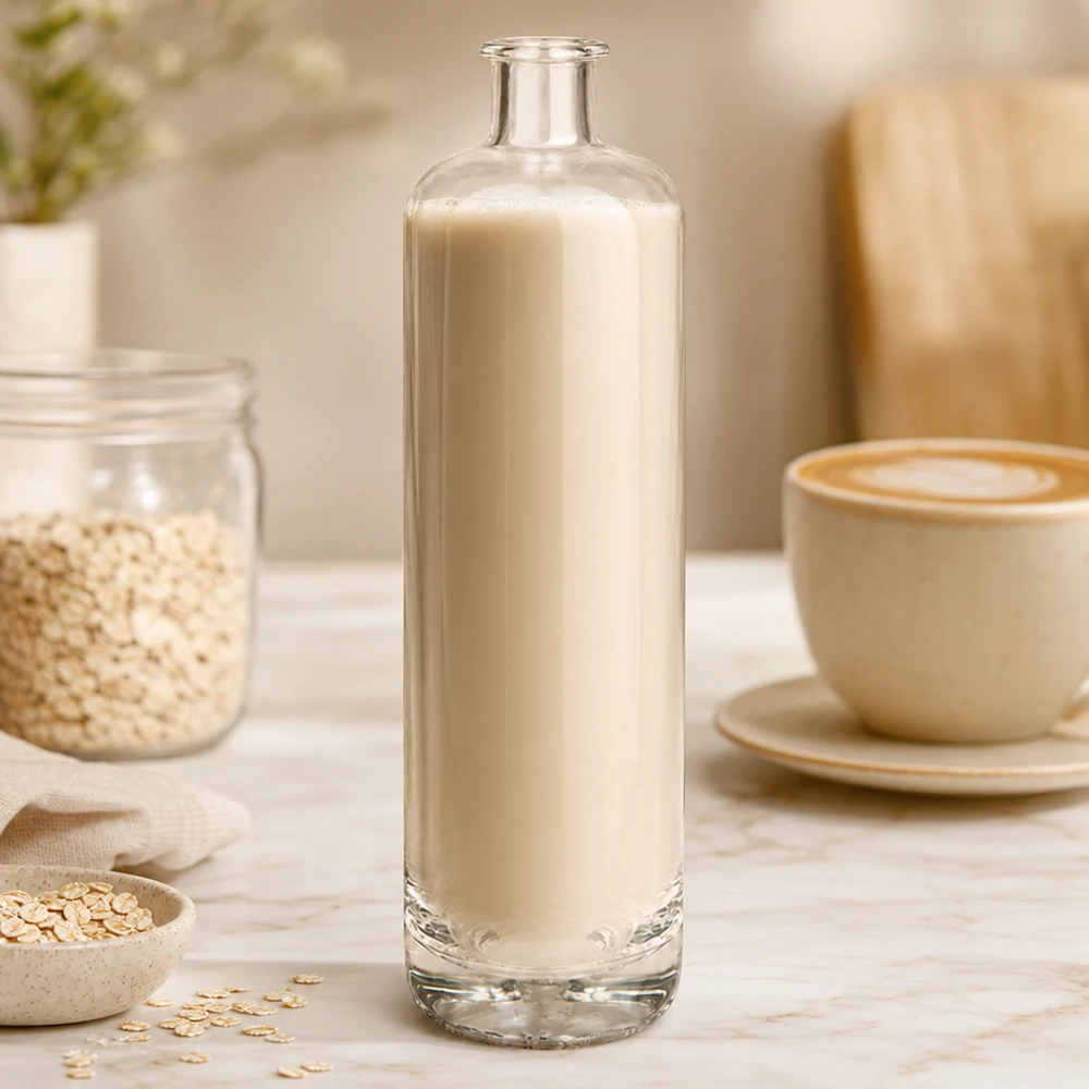 700ml Ella-lasipullo täynnä kermaista kauramaitoa kaurahiutaleiden ja kahvikupin vieressä luonnollisessa keittiökuvassa.