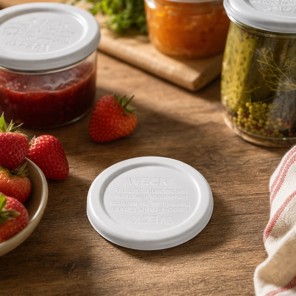 WECK Fresh-keeping-kansi RR40 WECK RR40 säilöntäkansi puupöydällä, jossa on kotitekoisia hilloja ja suolakurkkuja säilöntäpurkkeihin.