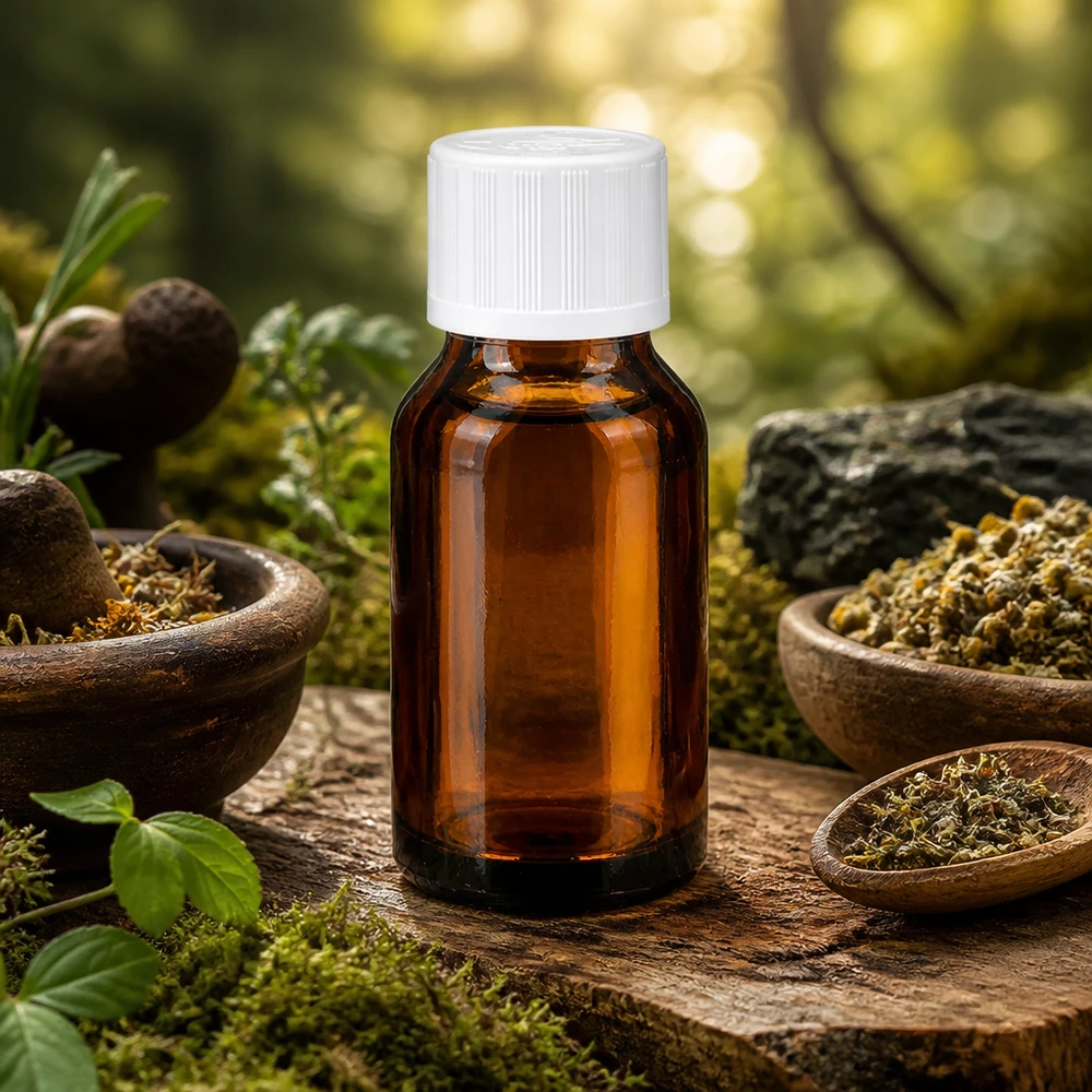Apteekkipullo ruskea 30ml tippapullo valkoinen lapsiturvallinen korkki standardi Ruskea 30 ml:n lasipullo, jossa on valkoinen lapsiturvallinen korkki, puisten kulhojen välissä, joissa on kuivattuja yrttejä