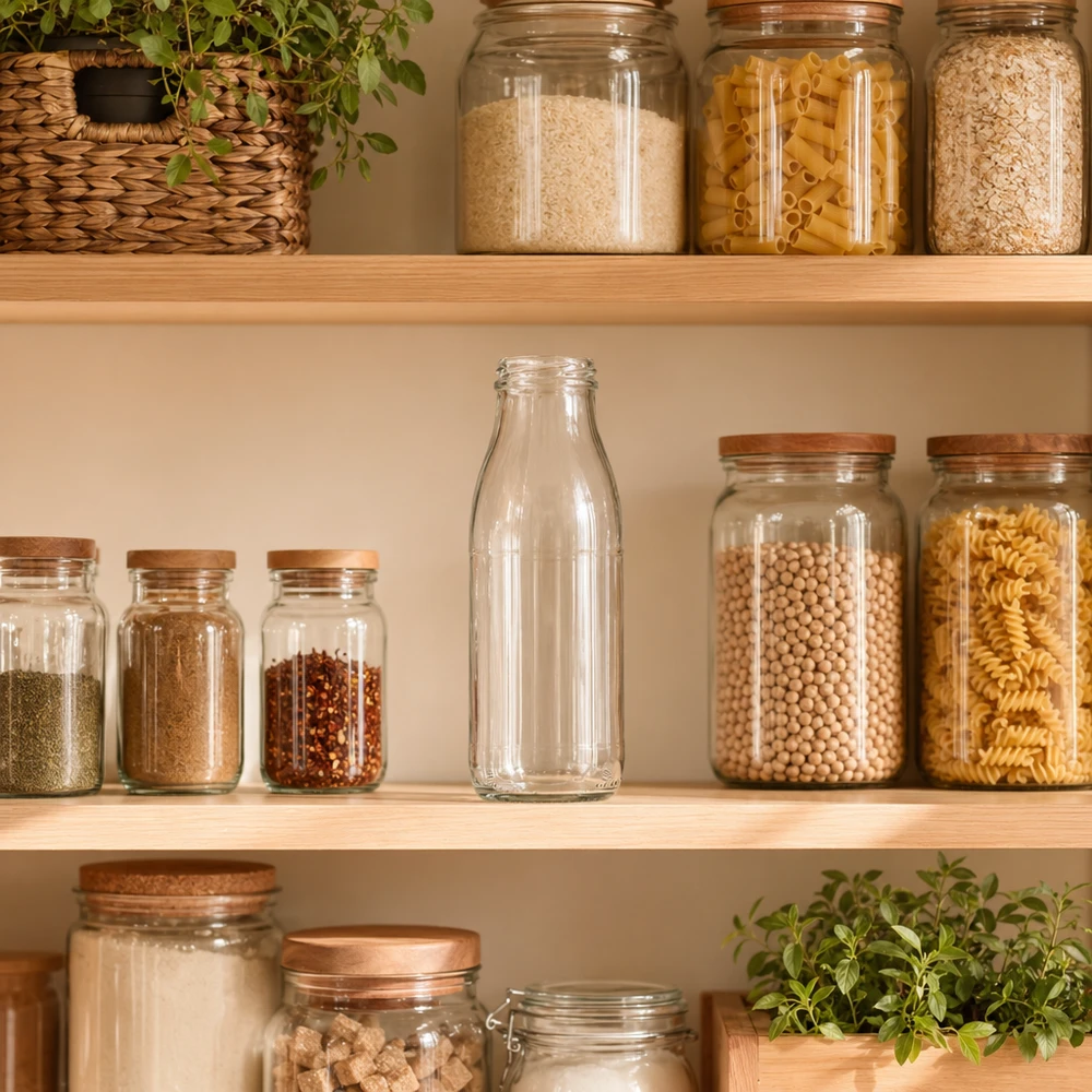 500ml lasipullo ilman kantta (TO48) UNiTWIST 500ml Glasflasche TO48 UNiTWIST in moderner Vorratsküche zwischen Gewürzgläsern und Pasta-Behältern auf Holzregalen
