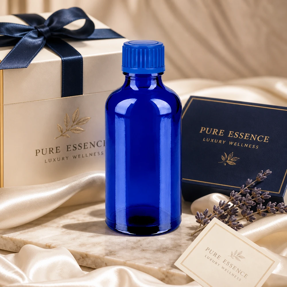 Premium 50ml lasipullo koboltin sinisellä UT18/50 kierteellä ammattikäyttöön.