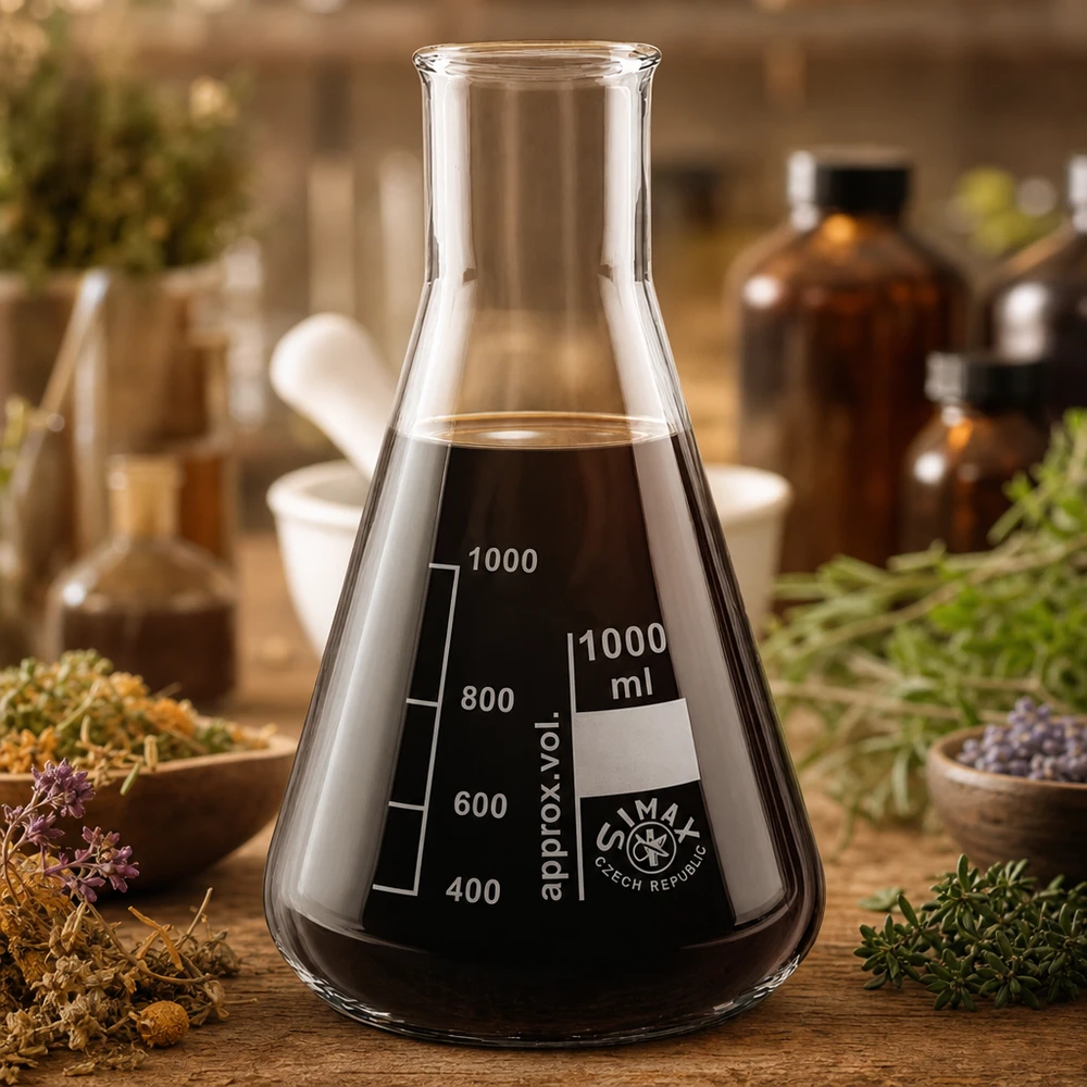 Erlenmeyer-pullo 300ml leveä kaulaosa Erlenmeyerpullo 300ml, jossa on leveä kaula ja asteikko tarkkoihin mittauksiin laboratoriossa.